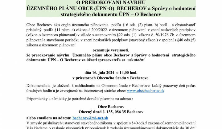 Fotka - Oznámenie o prerokovaní návrhu ÚPN-O Becherov a Správy o hodnotení strategického dokumentu ÚPN-O Becherov